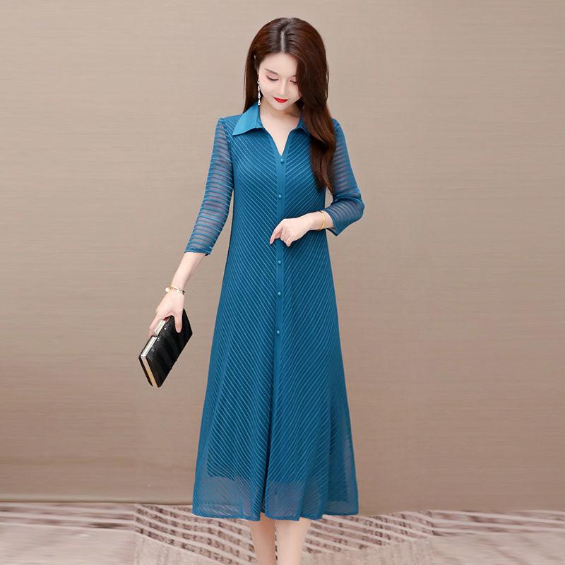 Summer Fashion Blue Plus Size Dress Vintage Print Mulberry Silk Midi Dress Elegant Women Bodycon Party Vestidos