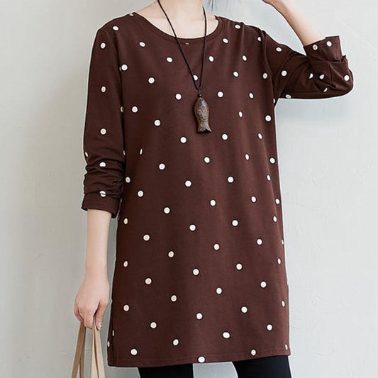 Women Casual Long Sleeve O Neck Wave Point T-Shirt Spring Vintage Loose Tee Tops Pullover