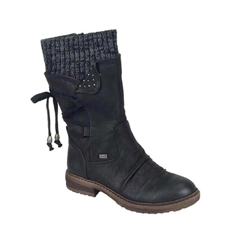 Women's Winter Warm Calf Boots Casual Snow Boots Leather and Sweater Bandage Boots Cowgirl Boots