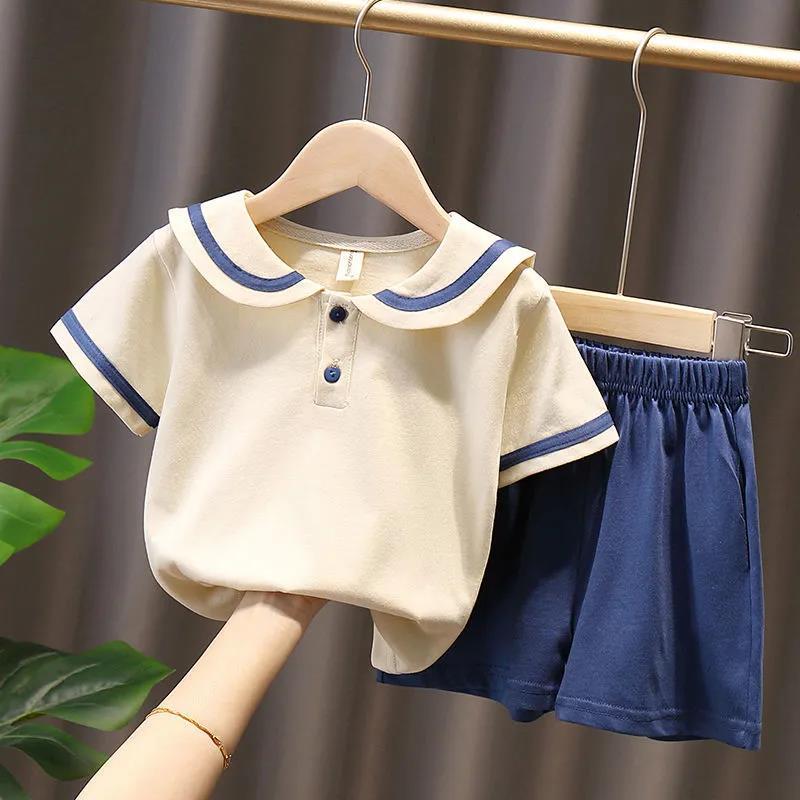 Children's Suit Summer Thin Boys and Girls Casual Navy Shirt Pocket Button Stripe T Shirt Two Piece Set