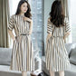 All-match Thin High Waist Skirt Temperament Lady Dress with Pockets In The Long Striped High Waist Dress Thin Elegant Round Neck Retro