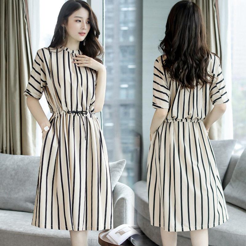All-match Thin High Waist Skirt Temperament Lady Dress with Pockets In The Long Striped High Waist Dress Thin Elegant Round Neck Retro