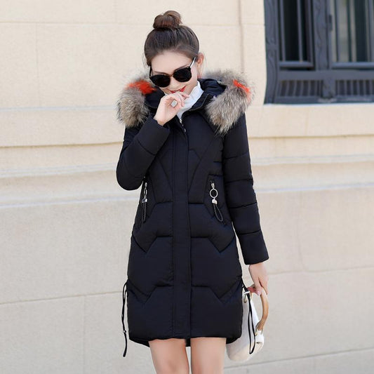 Winter Women's Mid-length Slim-fit Padded Jacket Fashion Big Fur Collar Cold-proof Cotton Jacket Large Size Jacket