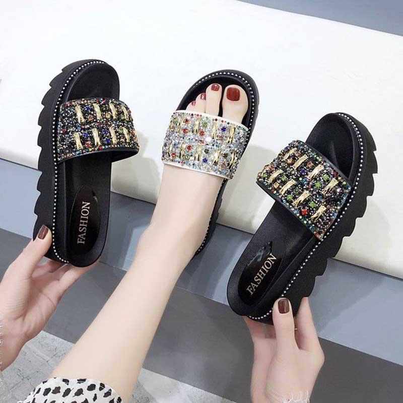 Size35-40 Summer Women Slippers Bohemian Beach Wear-resistant Non-slip Slippers Wedge Platform Leopard Print Sandals Outdoor Crystal High Heels