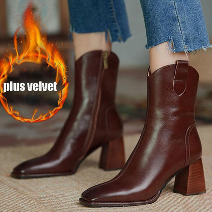Soft Leather Boots Women Autumn  Winter Vintage Square Toe Short High-heeled Cowboy Boots Chunky Heel Ankle Boots