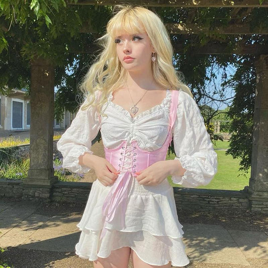 Vintage Fairy Corset Dress 2 Piece Mini Dress Women Summer Beach Vacation Long Sleeve Corset Bandage Sundress Party Casual Dresses