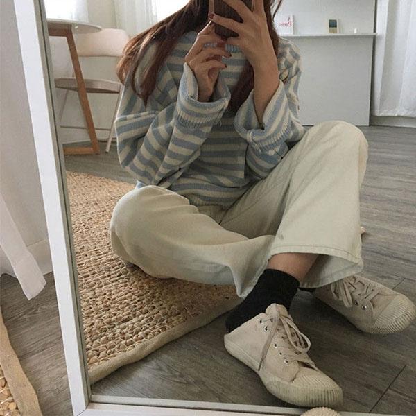 Autumn and Winter Striped Student Loose Pullover Long Sleeve Round Neck All-match Bottoming Sweater Coat