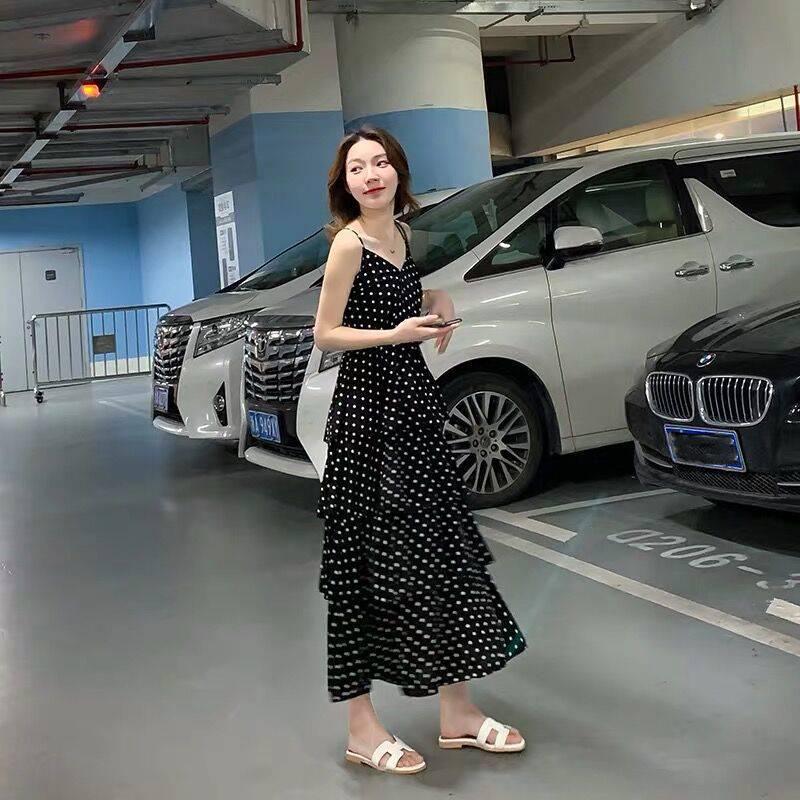 Fashion Summer Polka Dot Dress V- Neck Spaghetti Strap Dress Chiffon Dress Sleeveless A-line Dress