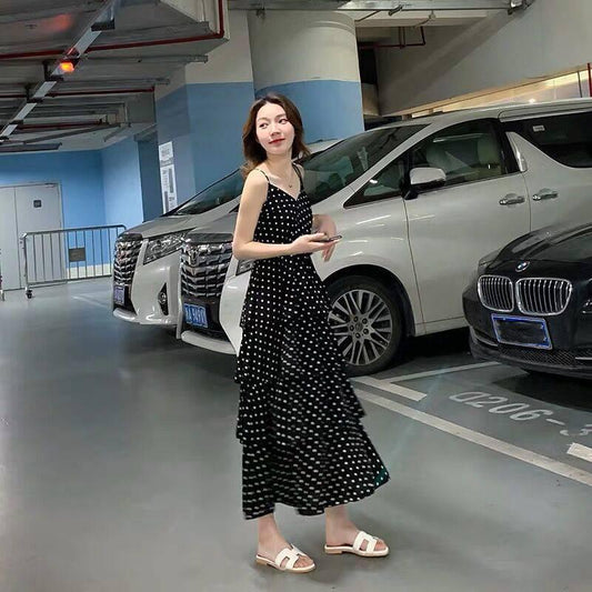 Fashion Summer Polka Dot Dress V- Neck Spaghetti Strap Dress Chiffon Dress Sleeveless A-line Dress