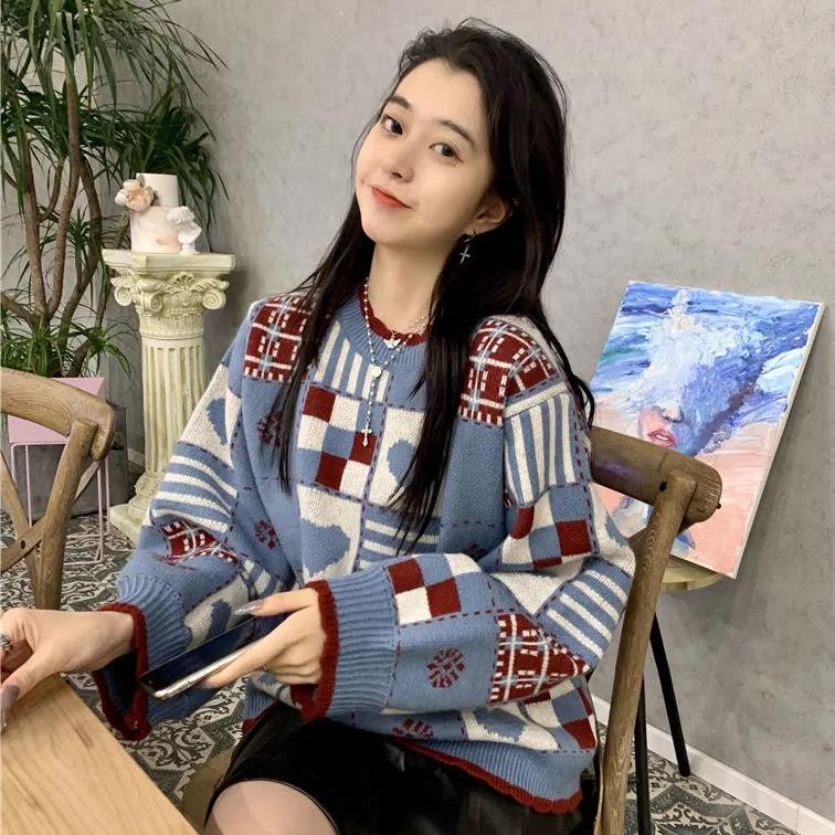 Women's Large Size Sweater Loose Outer Wear Autumn and Winter Long Sleeve Contrast Color Sweater Versatile Tops