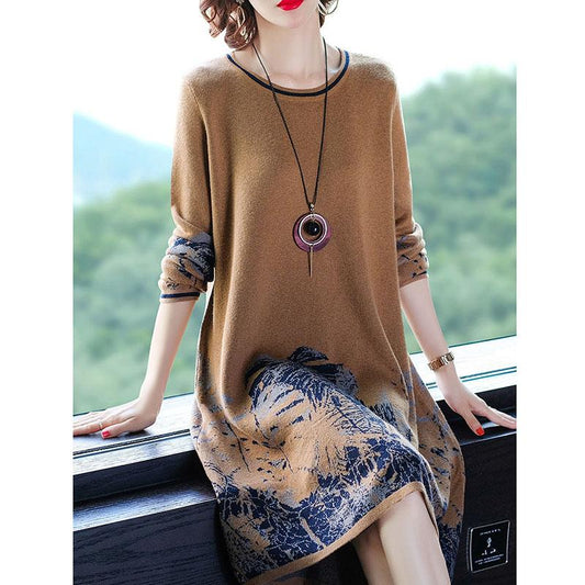Autumn and Winter Round Neck Long-sleeved Sweater Mid-length Loose and Thin Dress Knitted Over-the-knee Sweater Skirt