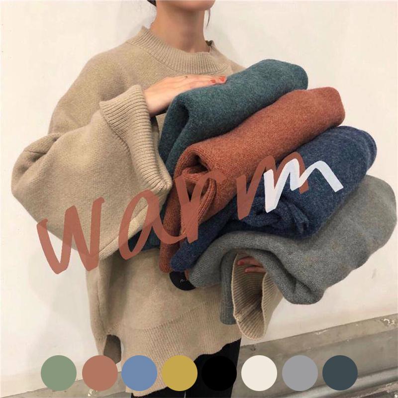 8 Colors Women Warm Oversize O-Neck Loose Sweater Blouse Simple Color Girly Sweaters