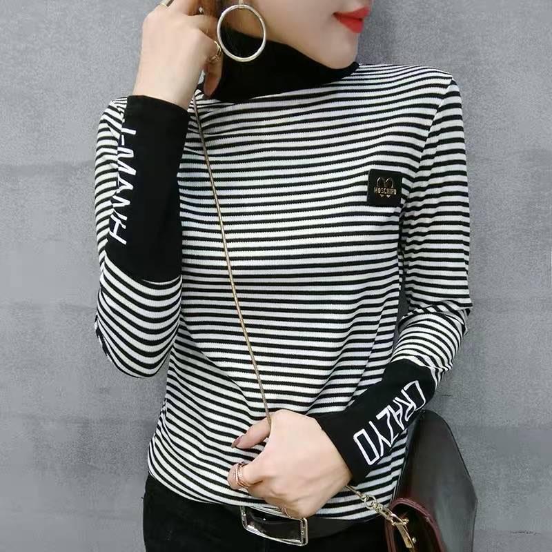 Black and white striped sweater women winter Turtleneck Pullovers long sleeve velvet thicken sweater