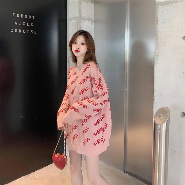 Women Letter Knitwear Crew Neck Loose Knitting Pullover Chic Solid Color Jumper Sweater Top