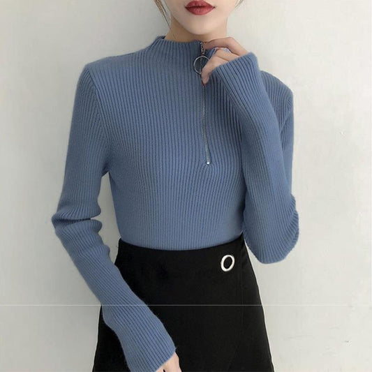 Fall/winter Core-spun Yarn Knitted Sweater Solid Color Zipper Slim Top Women