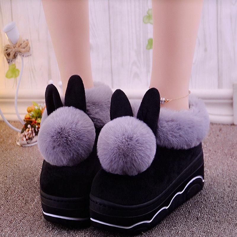 Women's Winter High-heeled Cotton Shoes Plus Size Thick Bottom Lovely Cartoon Indoor Anti-skid Warm Plush Shoes