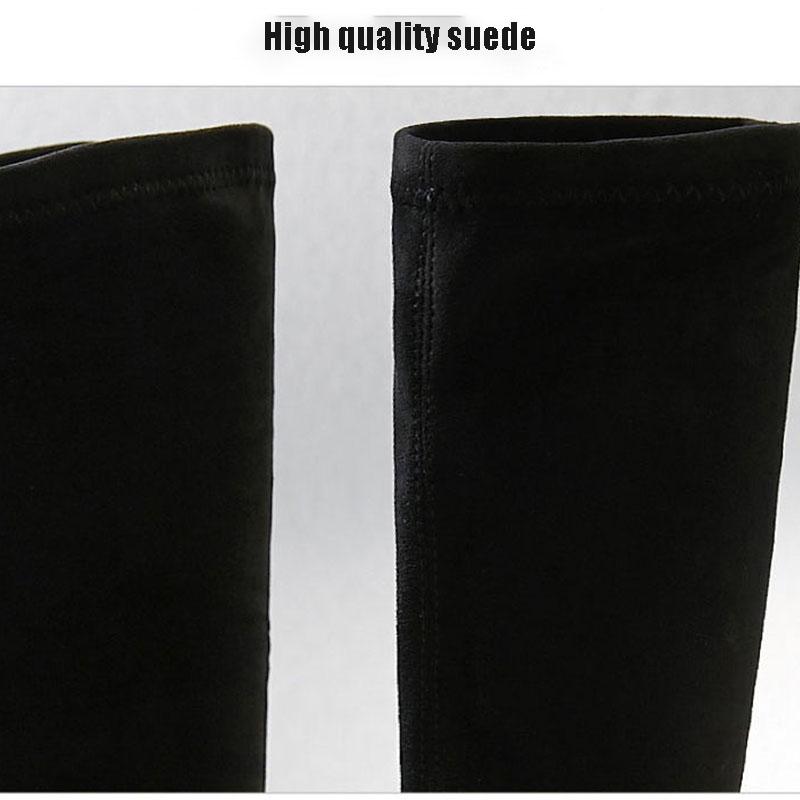 Black Elastic Flock Slim Fit Over The Knee Boots Women Autumn Winter Ladies High Heel Plus Velvet Thigh High Boots Chunky Heel Suede Boots