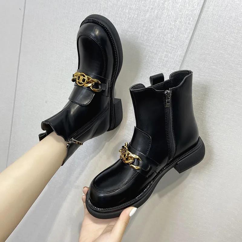 Women's Short Boots Winter Fashion All-match Round Toe Thick Heel Martin Boots Plus Velvet Warm Chain Boots