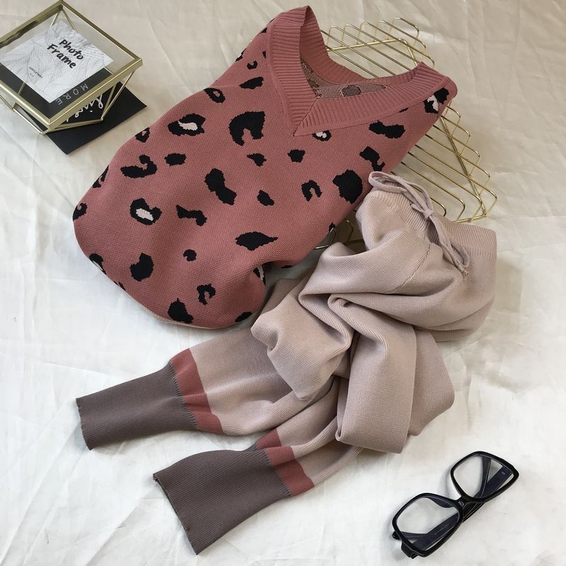 2pcs/set Women Knit Leopard Pullover Sweater+Pants 2 piece Sets ladies Jumpers Trousers 2 PCS Outfits