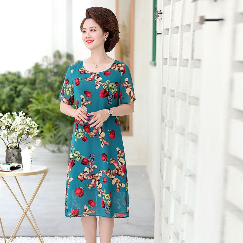 Chiffon Dress Loose Large Size Short Sleeve Summer Middle-aged Women's Dress