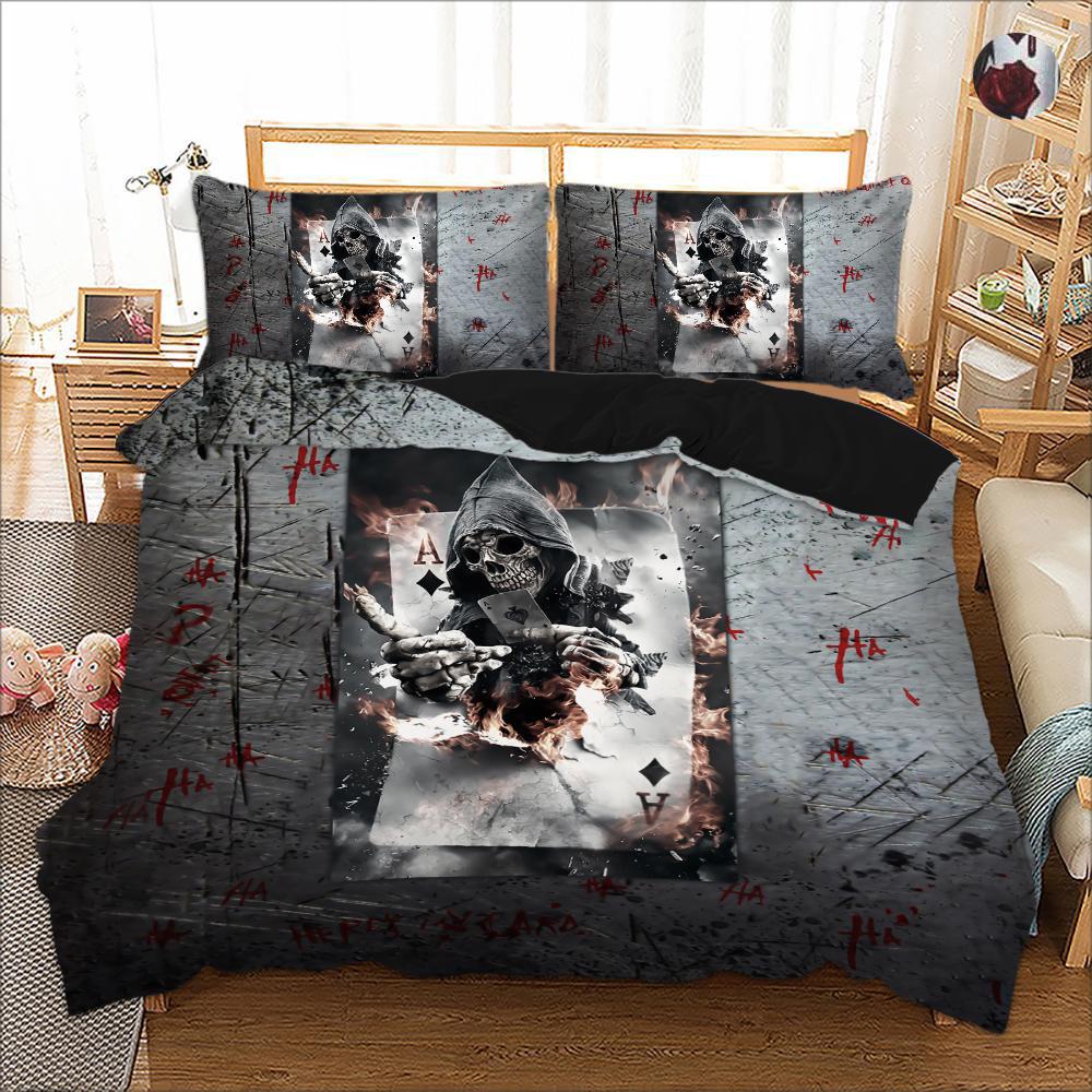 Quilt Set 3pcs Skull Bedding Set Sheet Set Knitted Textile Comfortable Duvet Clown Play Poker