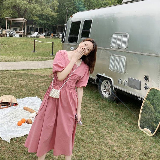Female Summer Plus Size Solid Color Square Neck Holiday Dress High Waist Slim Vintage Elegant Dress