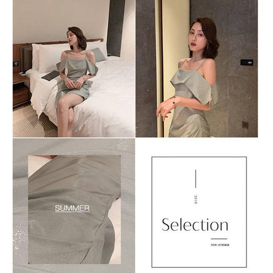 Sexy Slash Neck Off-shoulder Asymmetrical Spaghetti Strap Dress Backless Irregular Dress