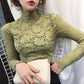 Autumn Spring Half High Neck Red Lace Bottom Blouse Sexy Hollow Out Long Sleeve Slim Pullover Shirt