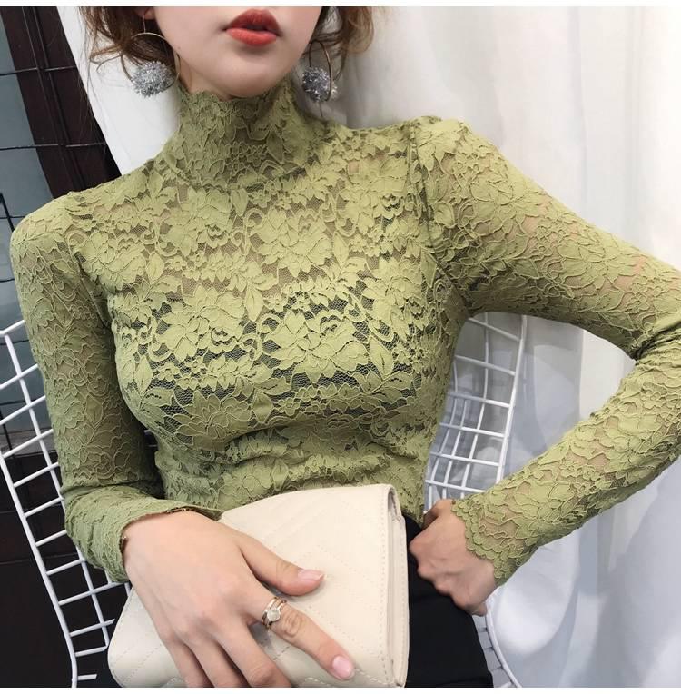 Autumn Spring Half High Neck Red Lace Bottom Blouse Sexy Hollow Out Long Sleeve Slim Pullover Shirt