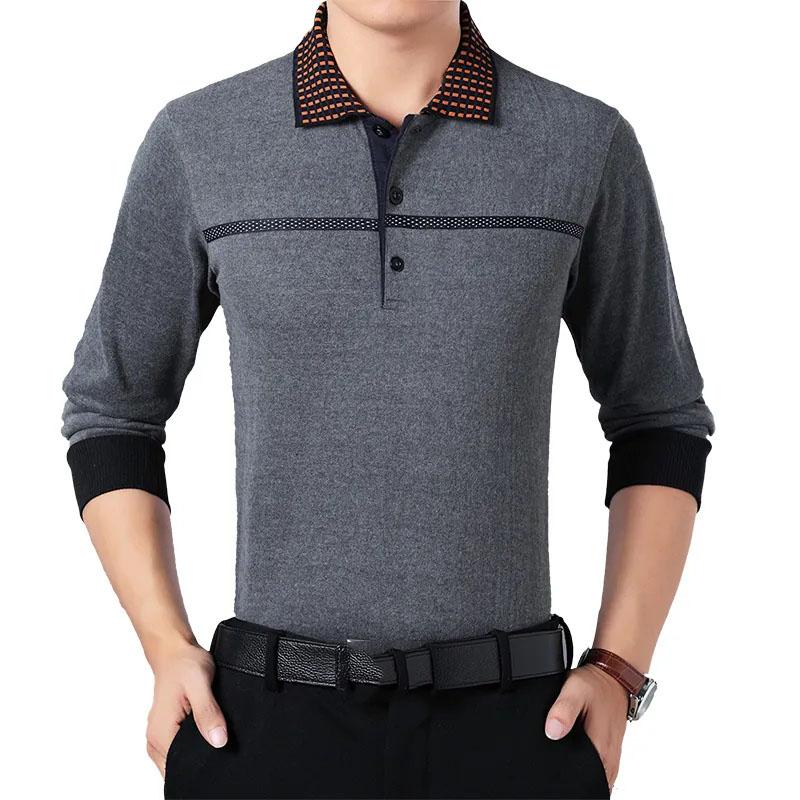 Middle-aged Aged Men's Dot Collar Printed Lapel Polo Shirt Loose T-Shirt Top Long Sleeve Shirt Bottoming Shirt Spring and Autumn