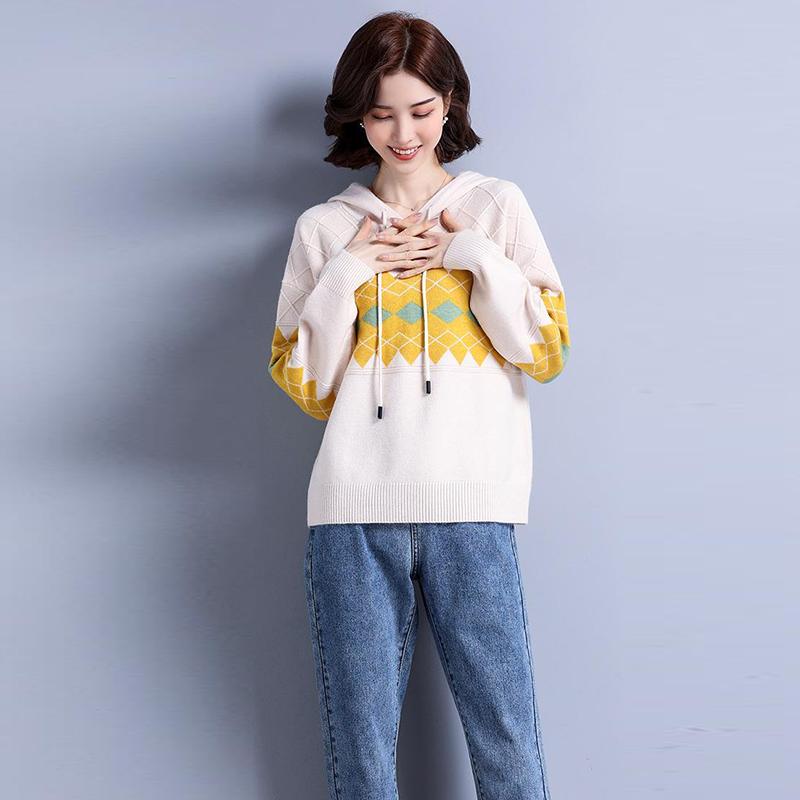 Hooded Sweater Women Rhombus Jacquard All-match Sweater Loose Pullover Women