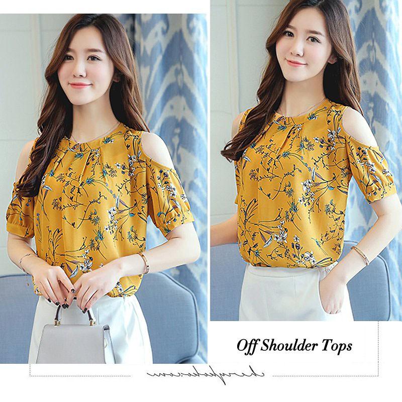 Summer Style Floral Shirt For Womens Elegant Open Shoulder Blouses Chiffon Print Blusas Women Ete Plus Size Female Tops
