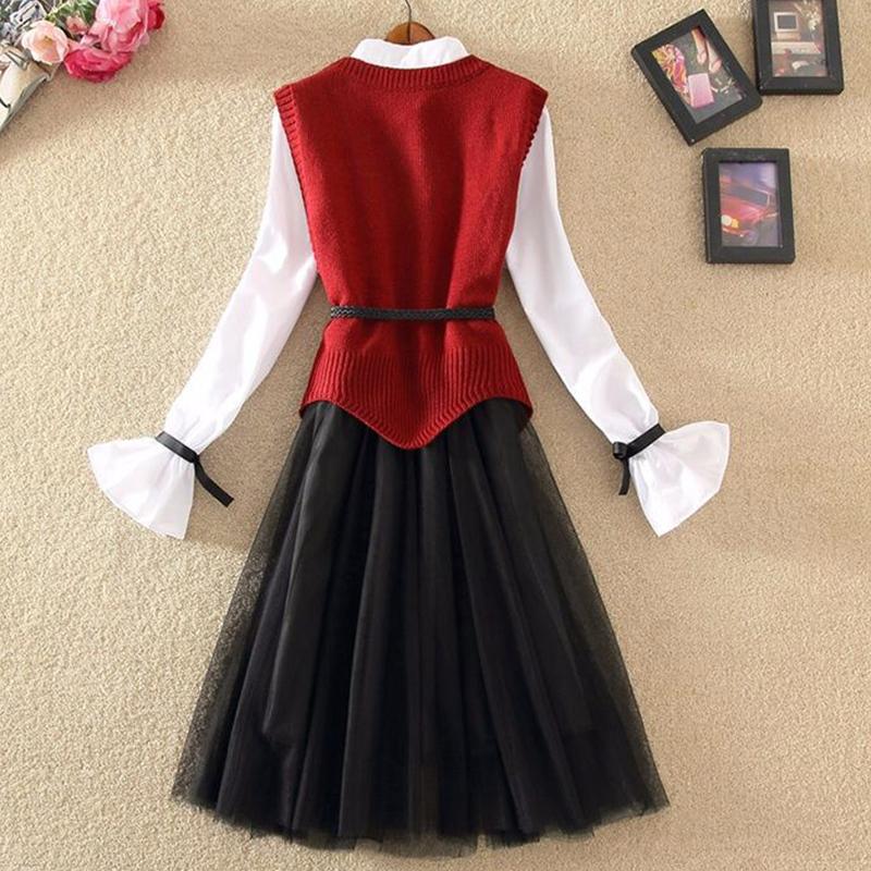 Shirt Collar Mesh Stitching Dress Suit Female Spring and Autumn Bottoming Skirt Knitted Vest Two-piece Suit