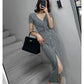 Women's Gray Ice Silk Knit Dress Female Summer Split  Slimming V-neck Maxi Dress Long Maxi Dress  Pleated   Split Dress