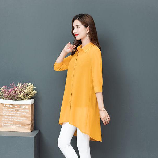 Women's Large Size Mid-length Chiffon Shirt 3/4 Sleeve Cardigan Shirt Spring Summer Loose Casual Sun Protection Coats