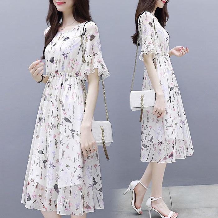 Pofulove S-2XL Women Printed Chiffon Dress Slim Short-sleeved O-neck A-line Vacation Beach Skirt