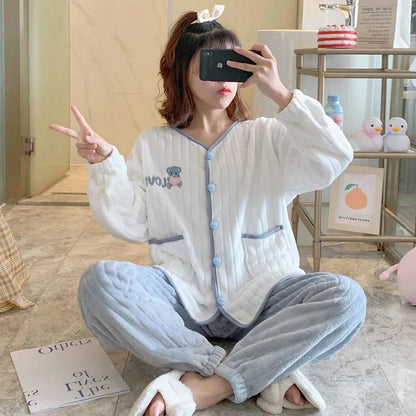 Women's Winter Thickened Coral Fleece Pajamas Set Flannel Cute Sweet Bow Printing Stripes Cardigan Winter Suit Homewear Long Sleeves Sleeping Suit