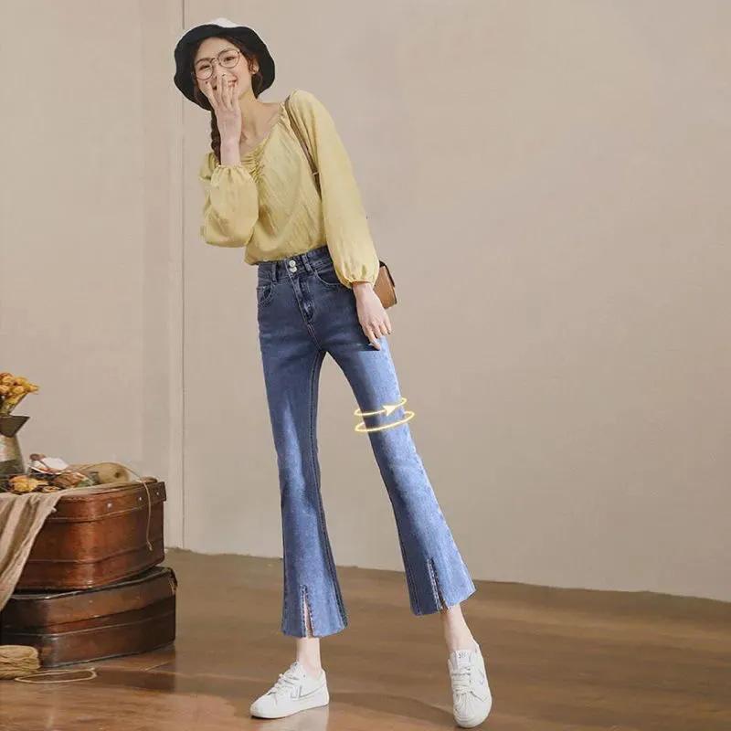 Flared Jeans Women's High Waist Slim Fit Spring Split Up Ninth Denim Pants Retro All Match Comfortable Breathable Jeans