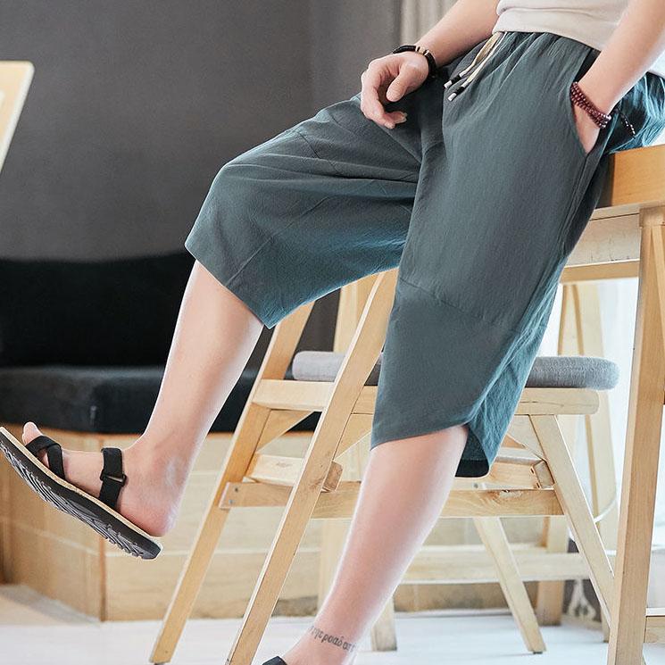 Men's Summer Chinese Style Casual Cotton Shorts Men's Cropped Pants Loose Large Size Harem Pants Wide Leg Sports Shorts