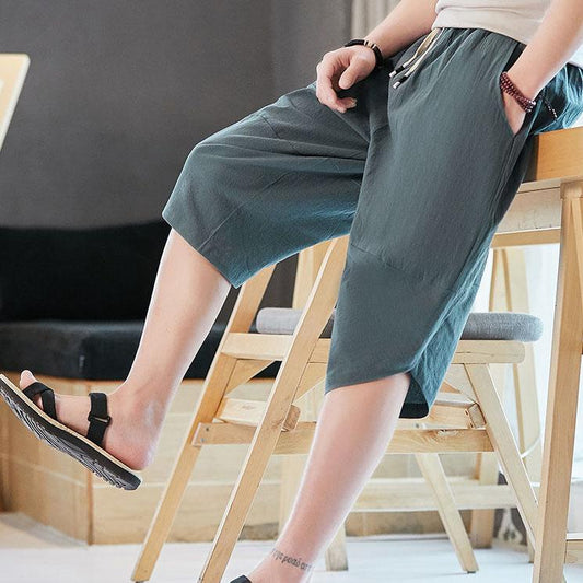 Men's Summer Chinese Style Casual Cotton Shorts Men's Cropped Pants Loose Large Size Harem Pants Wide Leg Sports Shorts