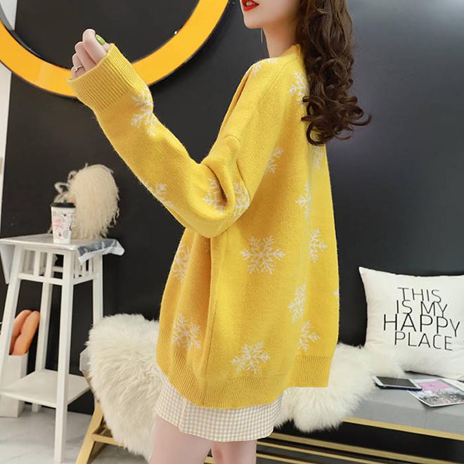 Pofulove Women Green Warm Round Neck Pullover Sweater Thick Snowflake Knitted Bottoming Shirt Top