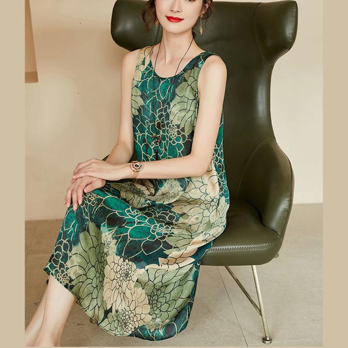 M-XXXXL Summer Ethnic Print Dress Round Neck Cotton and Linen Sleeveless Loose Mid-length Vest Skirt Daily Thin