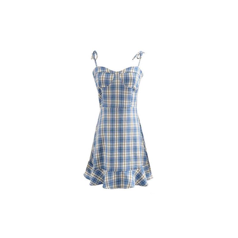 Female Summer Plaid Suspender Dress Simple Elegant Slim Short Graceful Holiday Dress