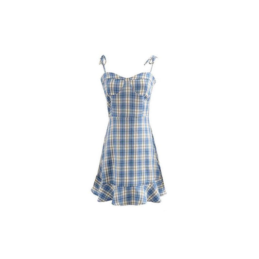 Female Summer Plaid Suspender Dress Simple Elegant Slim Short Graceful Holiday Dress