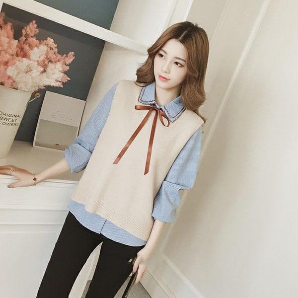 Spring and Autumn Vest Shirt Two-piece Long-sleeved Turn Down Collar Bottoming Shirt Top Shirt