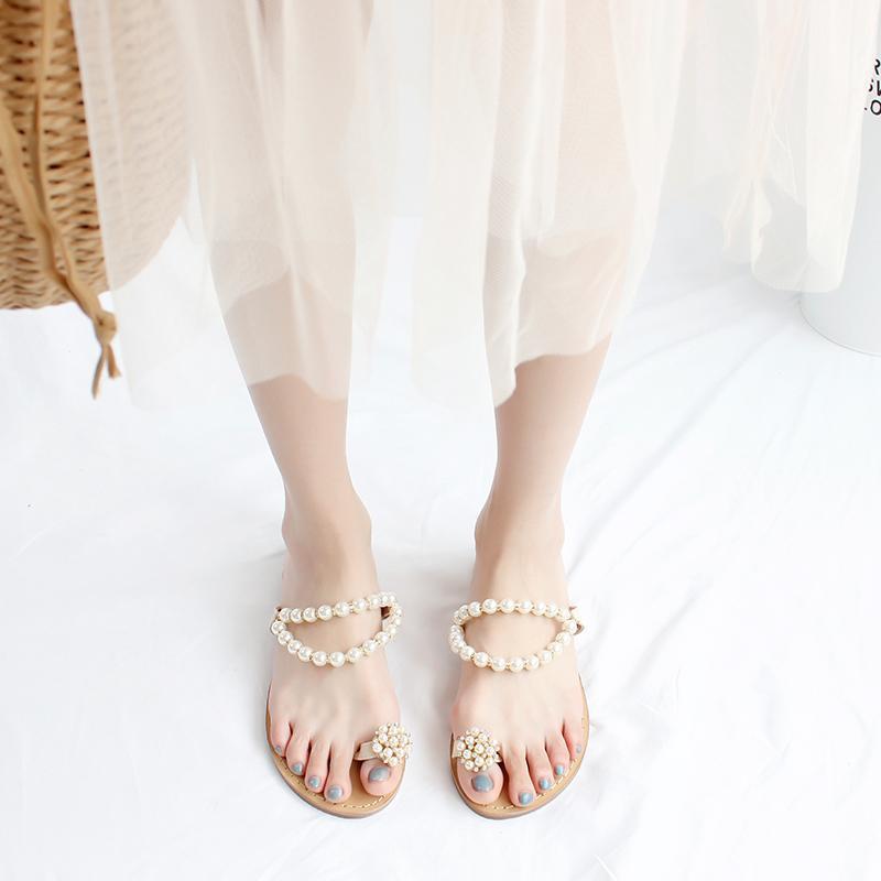 Sandals Female Students Flat Pearl Slippers Outside Wear All-match Vacation Beach Sandals and Slippers