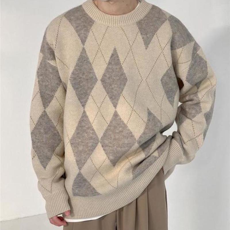 Retro Rhombus Color Matching Round Neck Sweater Men's Tide Brand Loose Knitted Sweater Women's Lazy Style Casual All-match Couple's Sweater