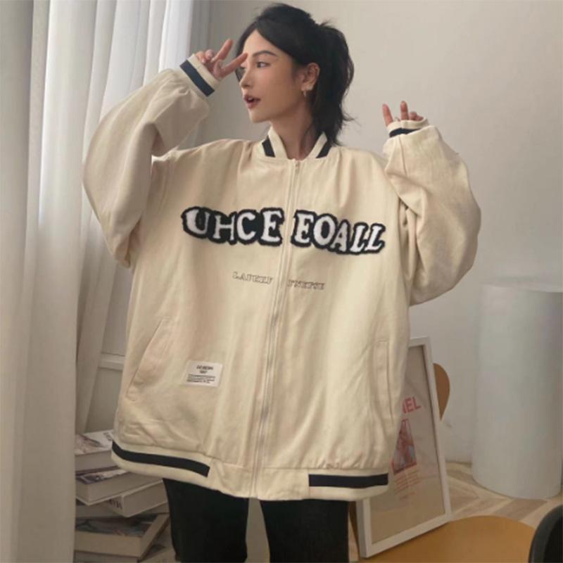 Baseball Uniform Jacket Women's Spring and Autumn Solid Color Outer Wear Casual Sports Loose Salt Fried Street Jacket Tide