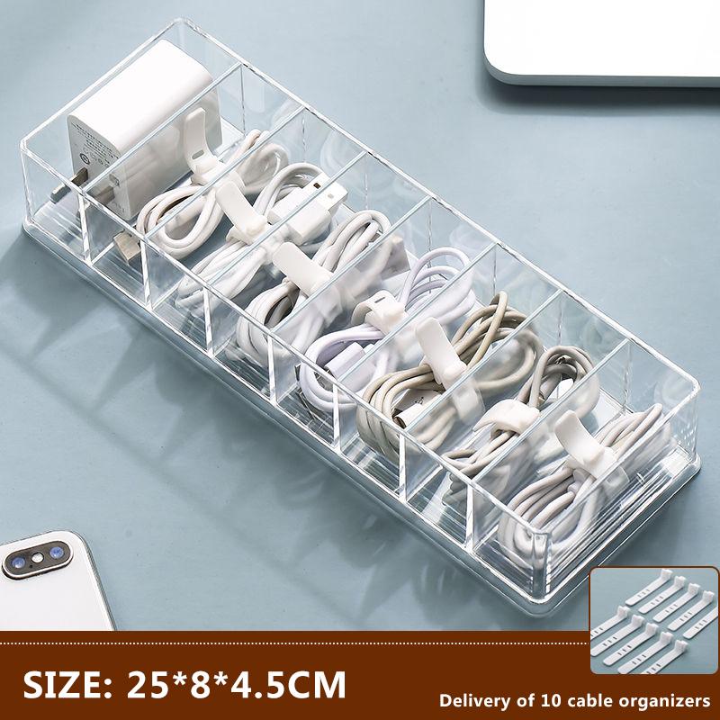 8 Grid Data Cable Storage Box Mobile Phone Charging Cable Charger Compartment Finishing Box Desktop Transparent Storage Box Anti-dust Box