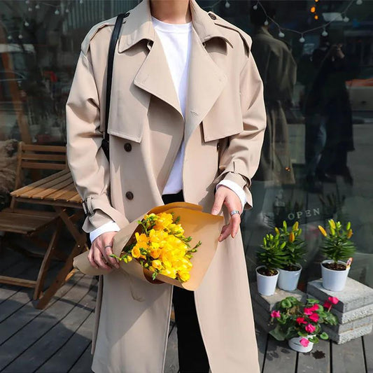 Spring & Fall Men Windbreaker Casual Loose Coat Solid Color Button Jacket Trend Parka Long